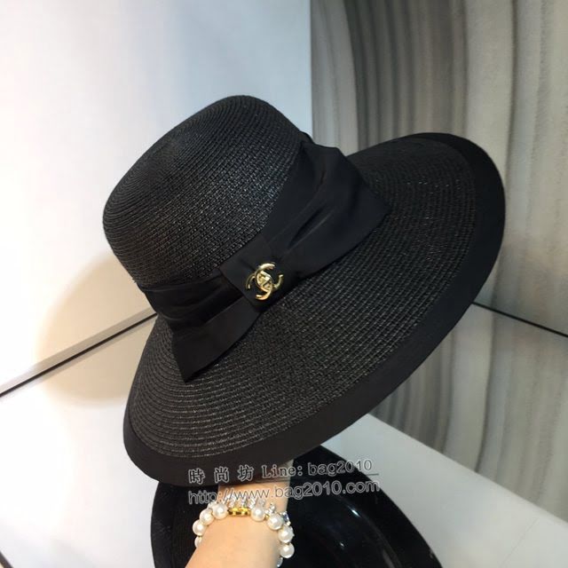 Chanel爆款女士帽子 香奈兒真絲蝴蝶結小香風草帽遮陽帽  mm1498